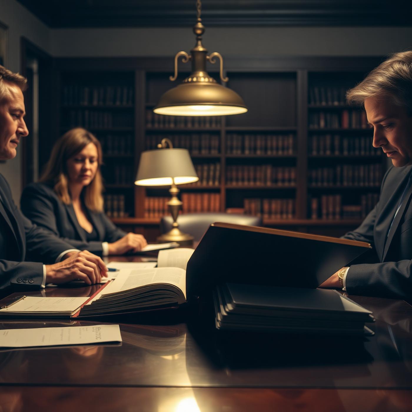Defense team reviewing case files in a law library