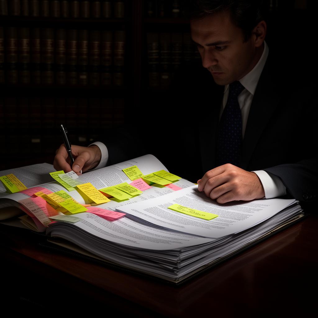 Appellate attorney annotating a trial transcript and drafting a brief