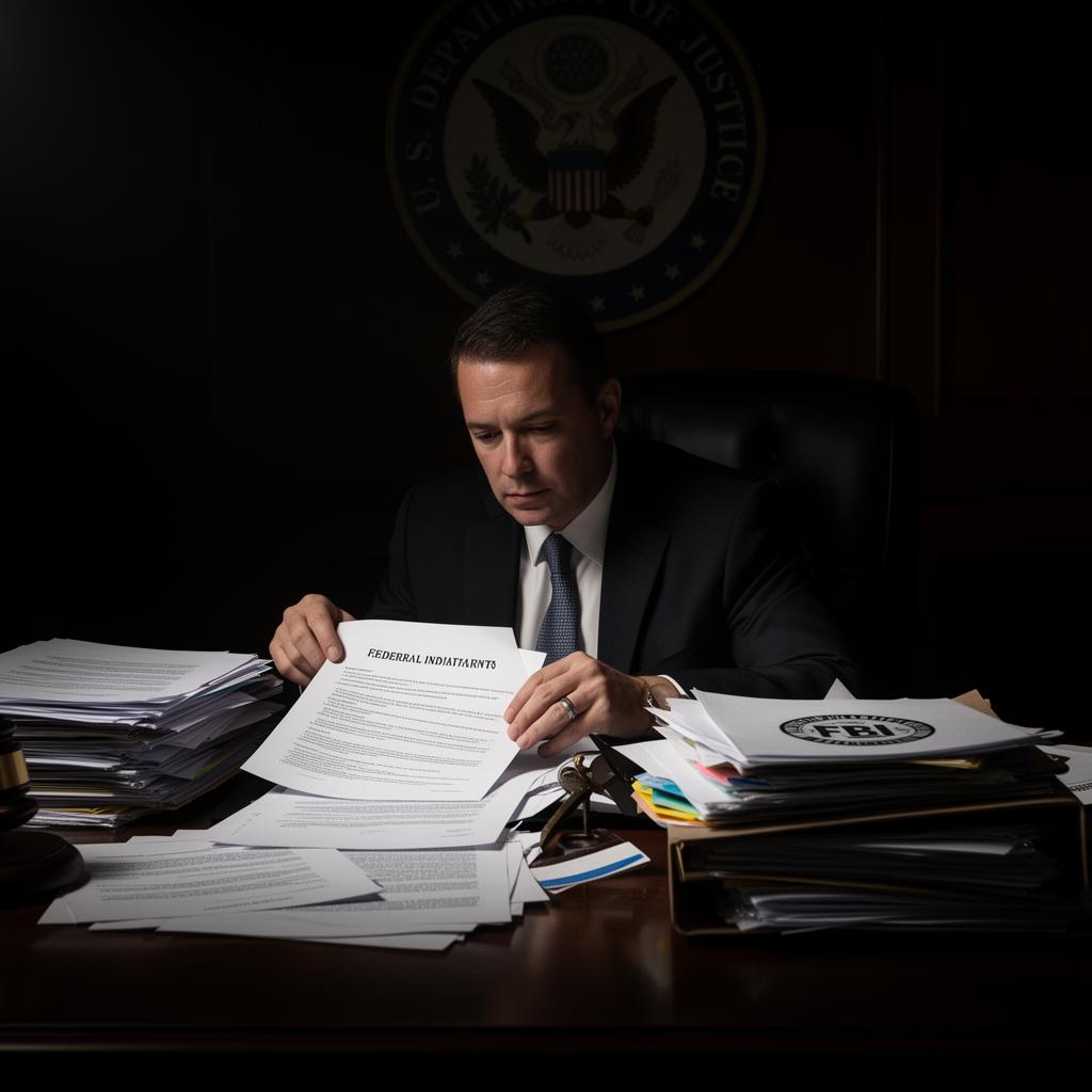 Defense attorney reviewing federal indictment documents