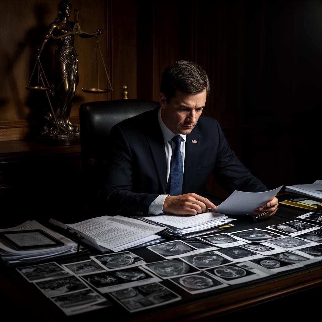 Defense attorney reviewing homicide case files and forensic evidence